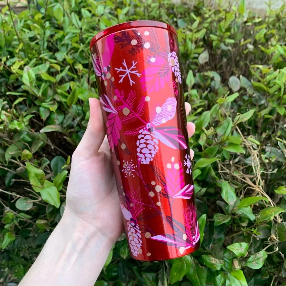 2021 Holiday Edition Metal Starbucks Cup Red/Pink Foliage Pine Cones NO STRAW